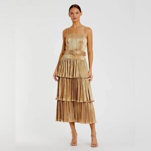 Mac Duggal Square Neck Metallic Plissé Dress with Buckle Detail